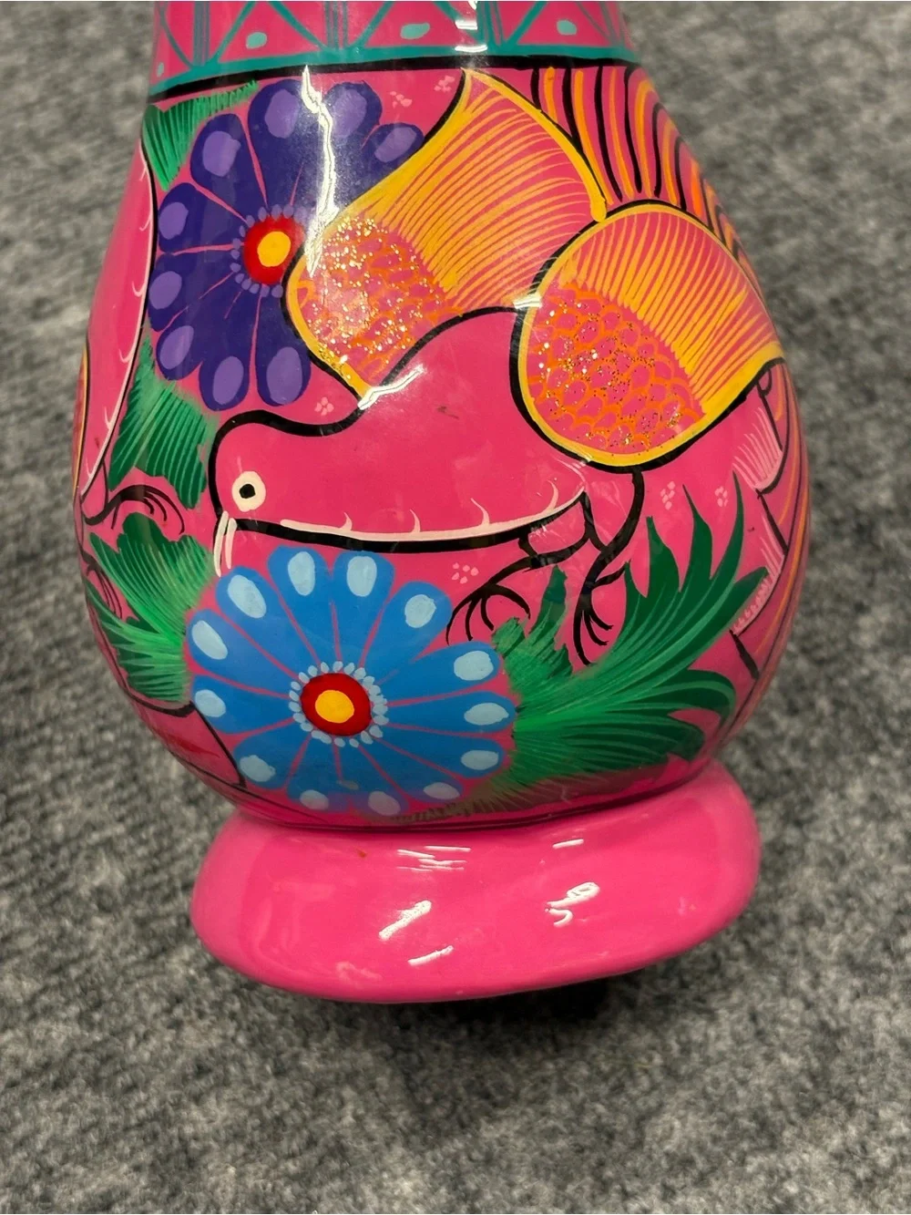 Hand Painted Pink Floral Bird Clay Folk Art Vase Made in Mexico